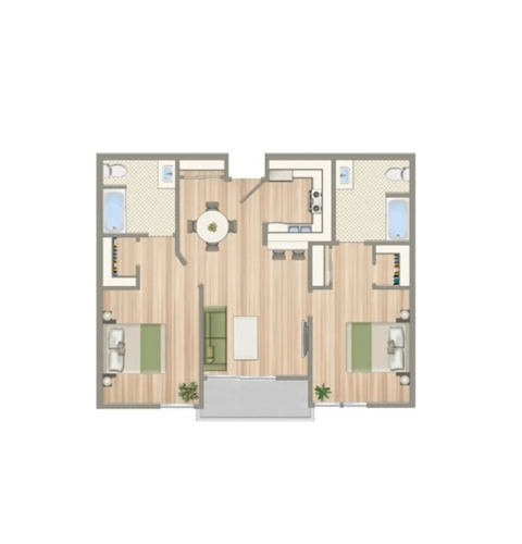 Floor plan for 2 beds, 1 bath, 877 sqft